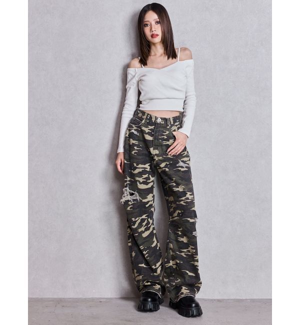 GYDA「ハイウエストGG Stitch Barrel Leg ダメージデニムパンツ」|デニム|