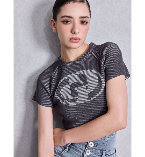 GYDA「GD two color schemeハーフスリーブニットトップス」|ニット・セーター|ブラック