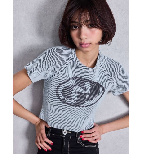 GYDA「GD two color schemeハーフスリーブニットトップス」|ニット・セーター|スカイブルー