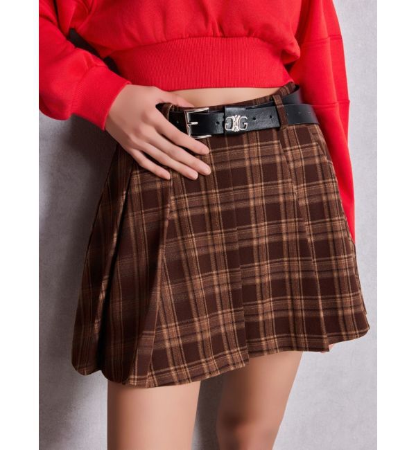 GYDA「ベルトSETチェックプリーツスカートライクショートパンツ」|スカート|ブラウン