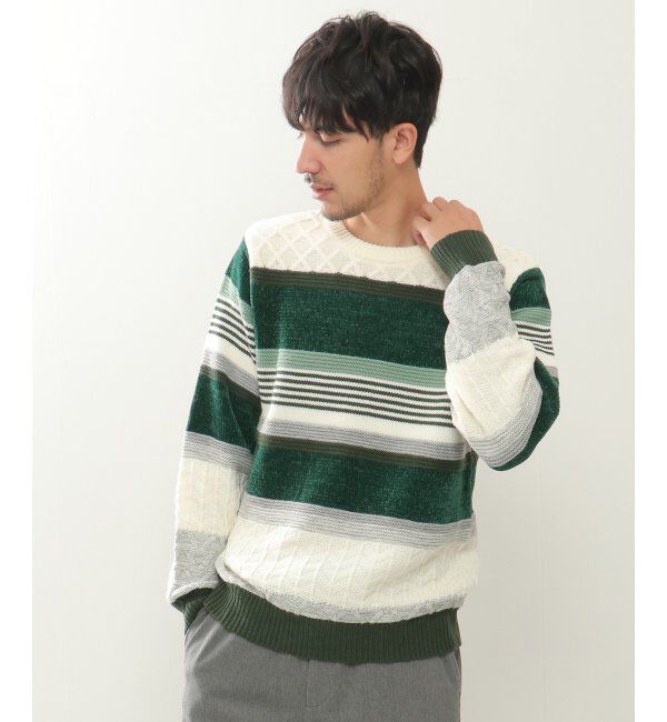 ikka「【洗濯機で洗える】モールミックスボーダーニット」|プルオーバー|グリーン