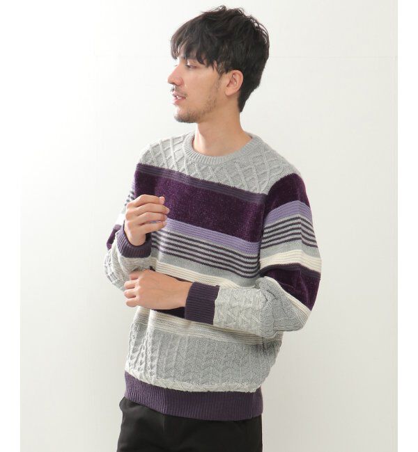 ikka「【洗濯機で洗える】モールミックスボーダーニット」|プルオーバー|パープル