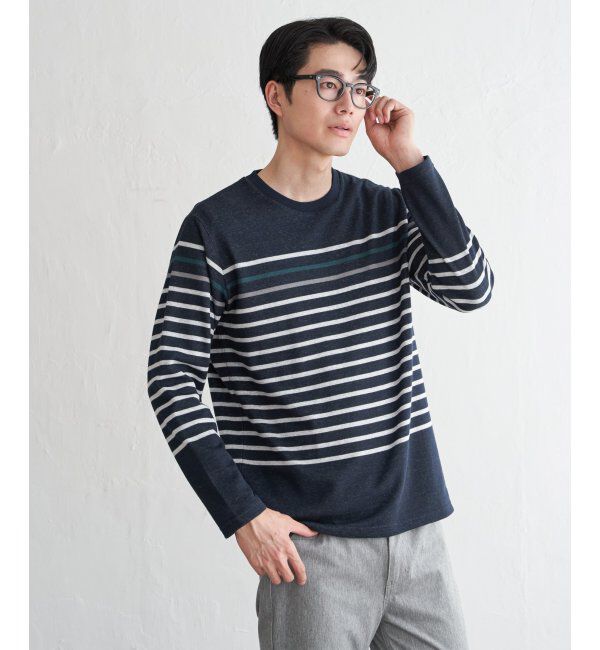 ikka「ジャカード3カラーボーダーロンT」|Tシャツ・カットソー|ネイビーブルー