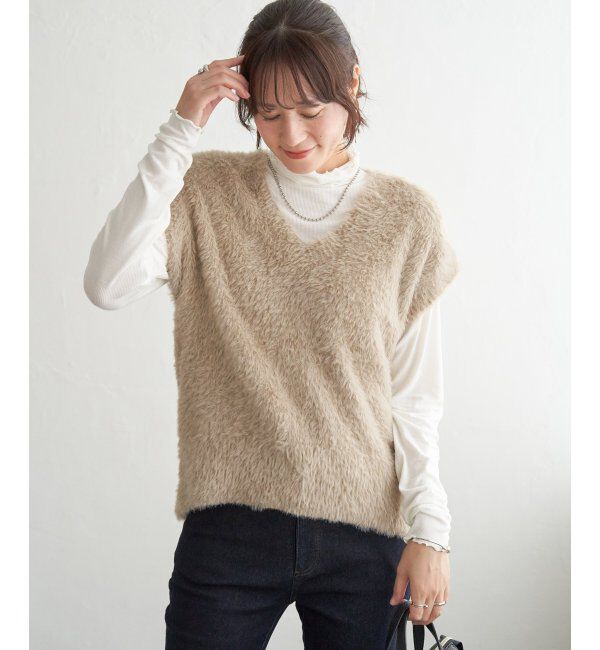 ikka「フェザーＶネックベスト」|ニット・セーター|ベージュ