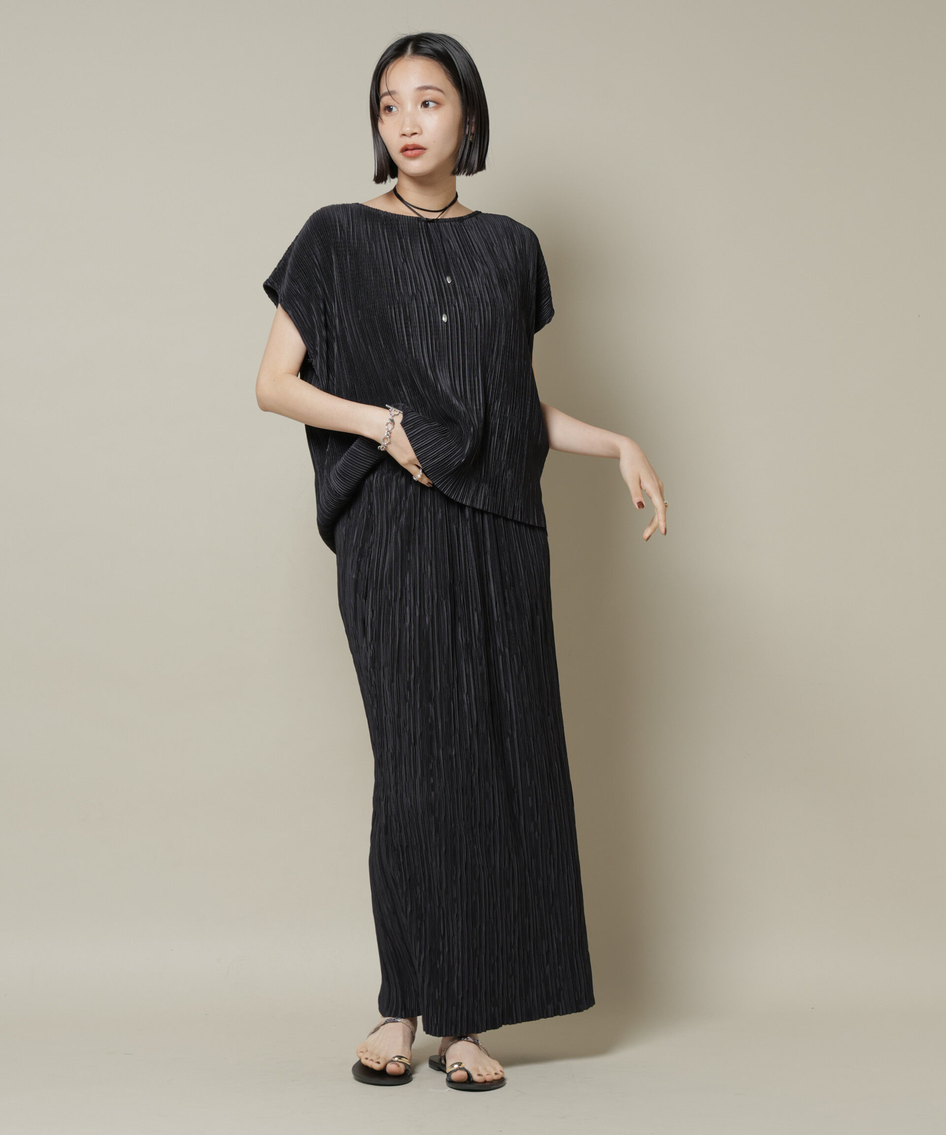 nano･universe「ランダムプリーツカットフレンチスリーブトップス(セットアップ可)」|Tシャツ・カットソー|