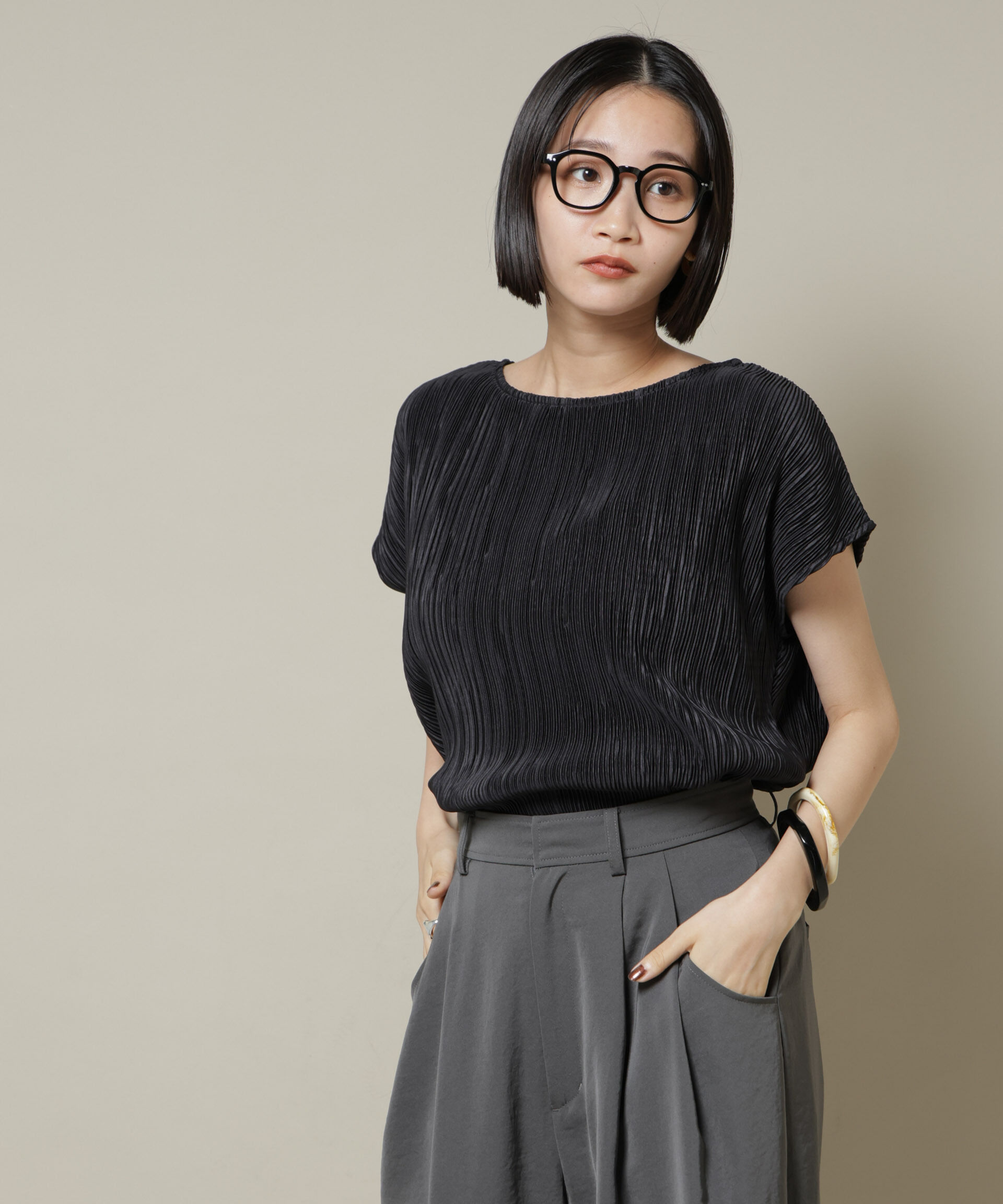 nano･universe「ランダムプリーツカットフレンチスリーブトップス(セットアップ可)」|Tシャツ・カットソー|