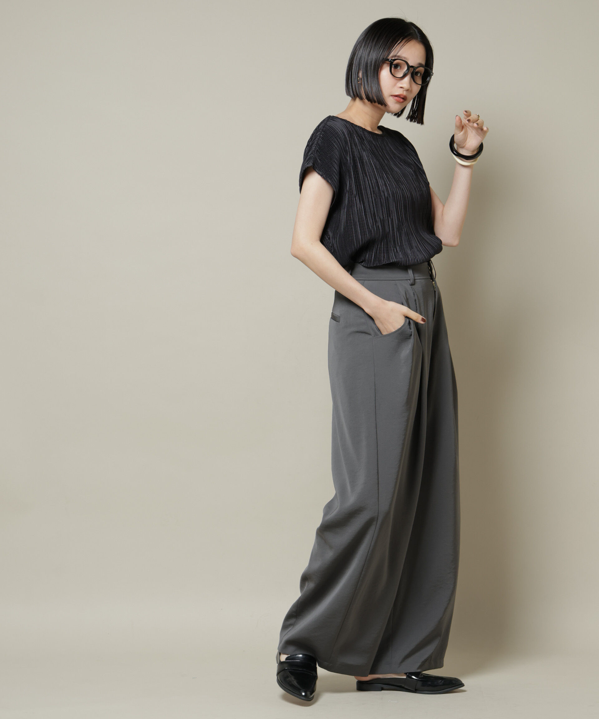 nano･universe「ランダムプリーツカットフレンチスリーブトップス(セットアップ可)」|Tシャツ・カットソー|