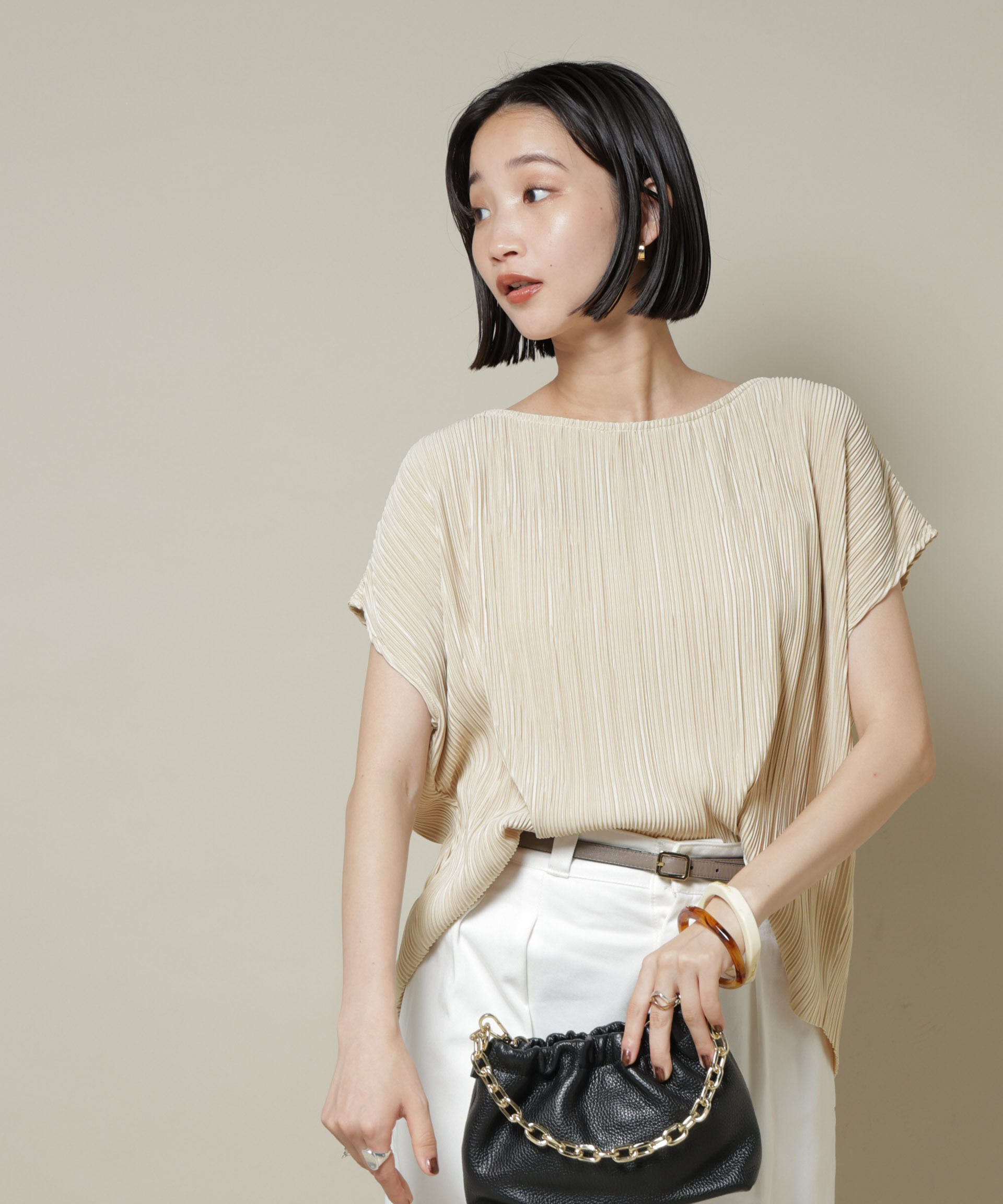 nano･universe「ランダムプリーツカットフレンチスリーブトップス(セットアップ可)」|Tシャツ・カットソー|