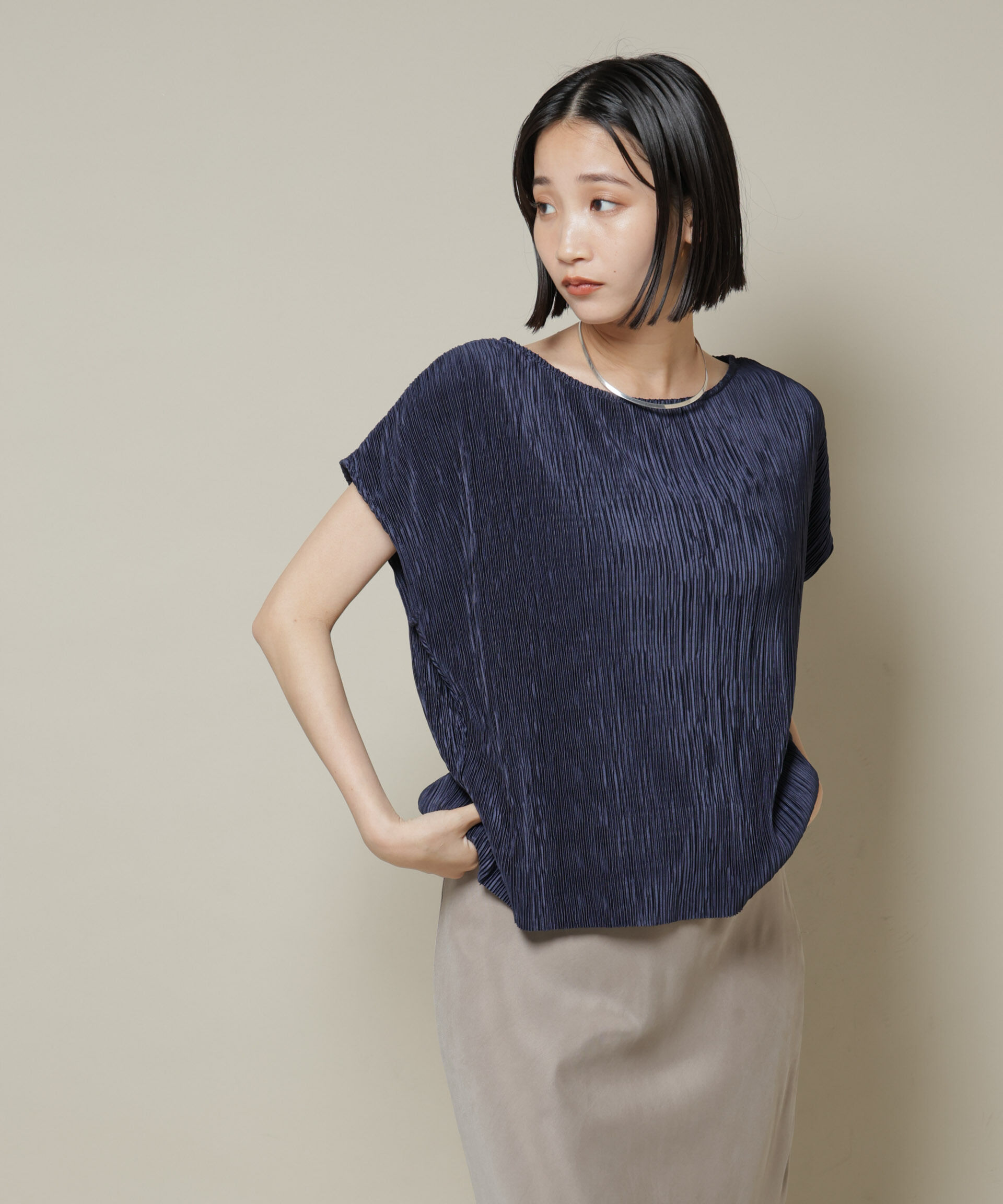 nano･universe「ランダムプリーツカットフレンチスリーブトップス(セットアップ可)」|Tシャツ・カットソー|