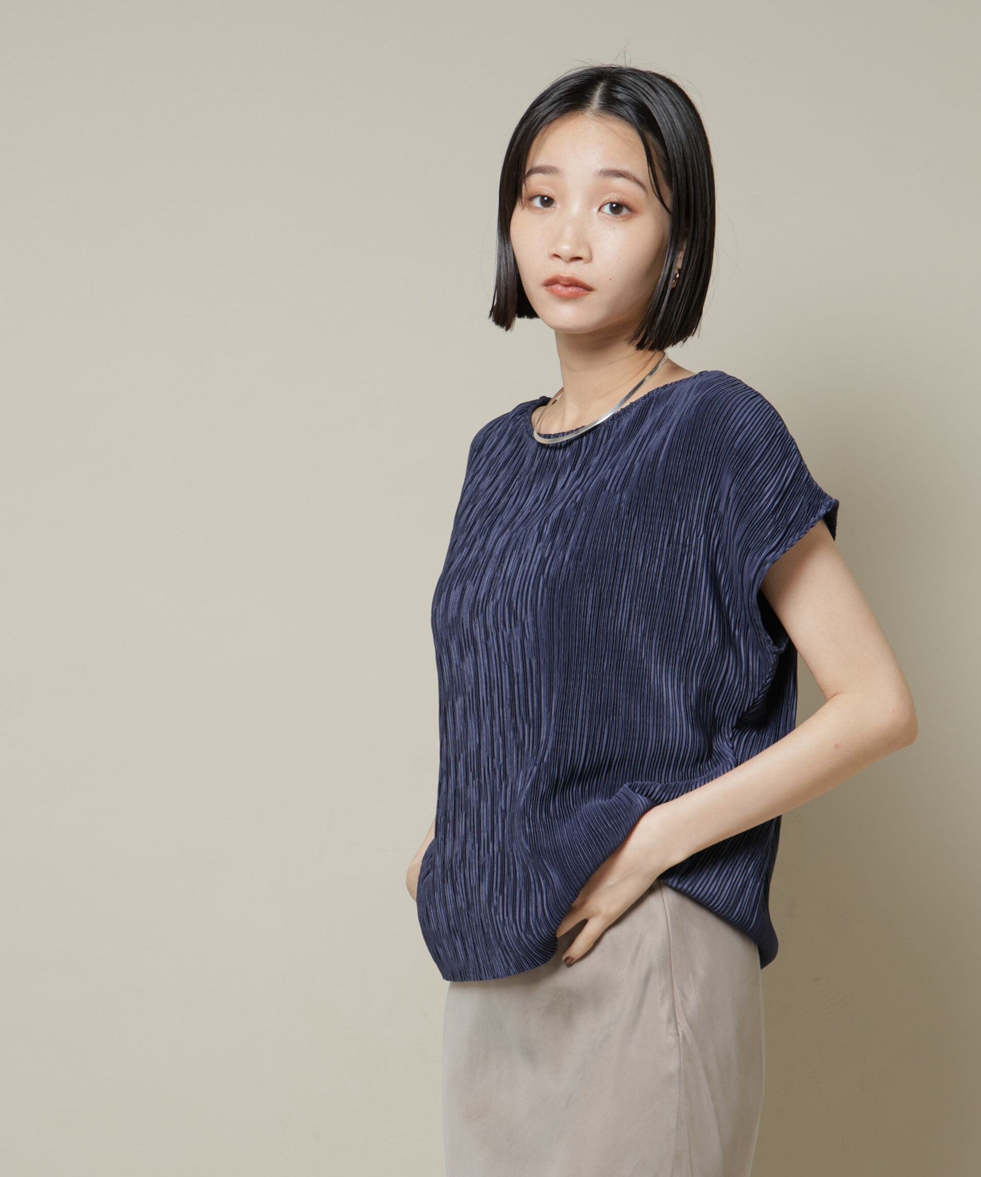 nano･universe「ランダムプリーツカットフレンチスリーブトップス(セットアップ可)」|Tシャツ・カットソー|