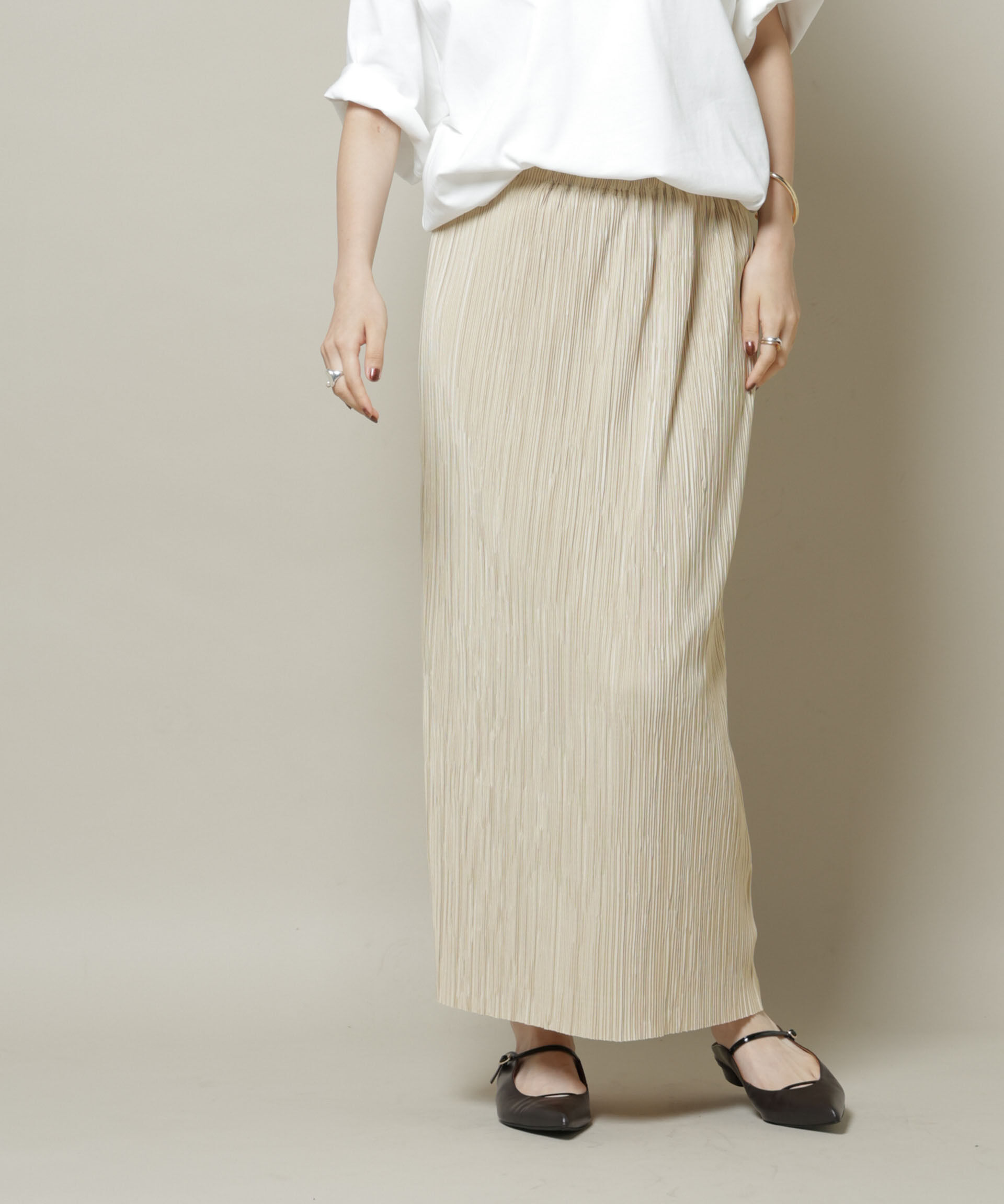 nano･universe「ランダムプリーツカットナロースカート(セットアップ可)」|スカート|ベージュ