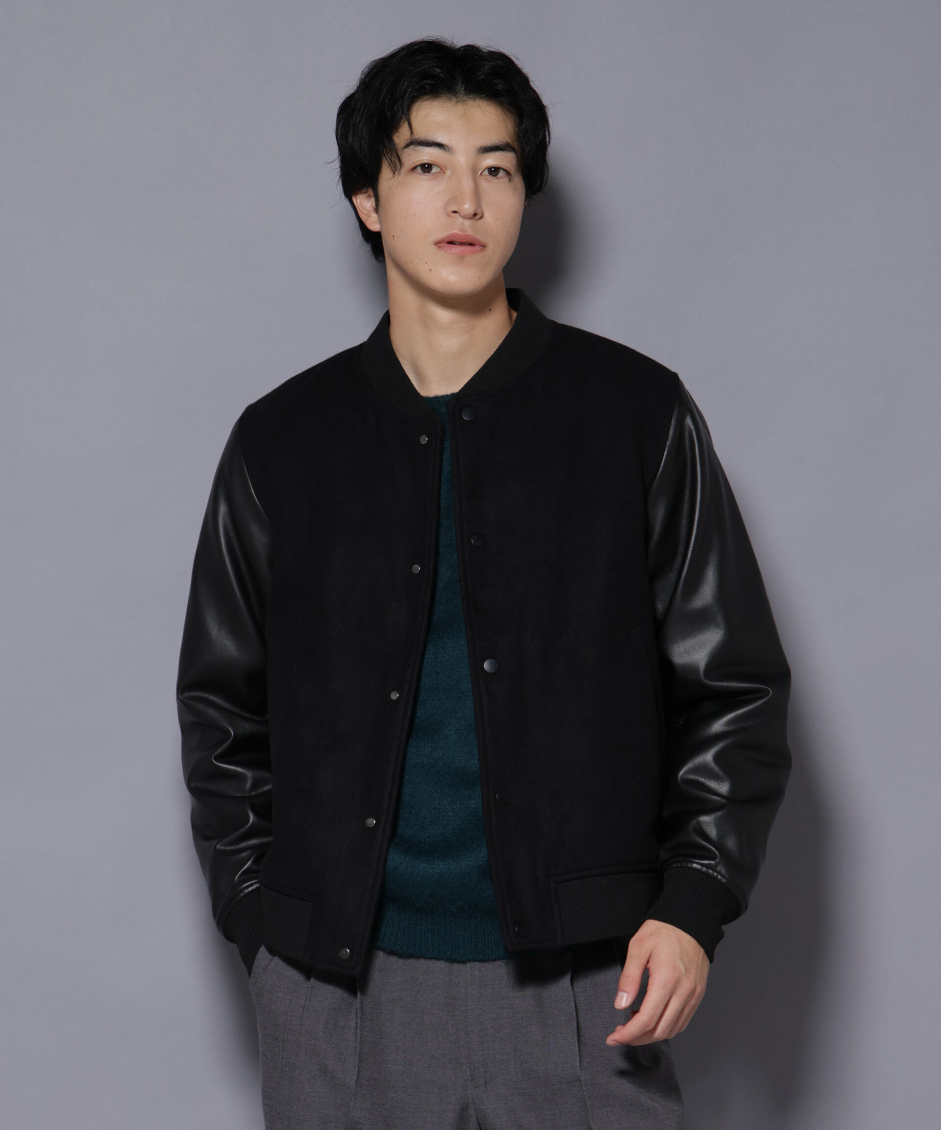 nano･universe「フェイクレザースタジャン」|ブルゾン・スタジャン|