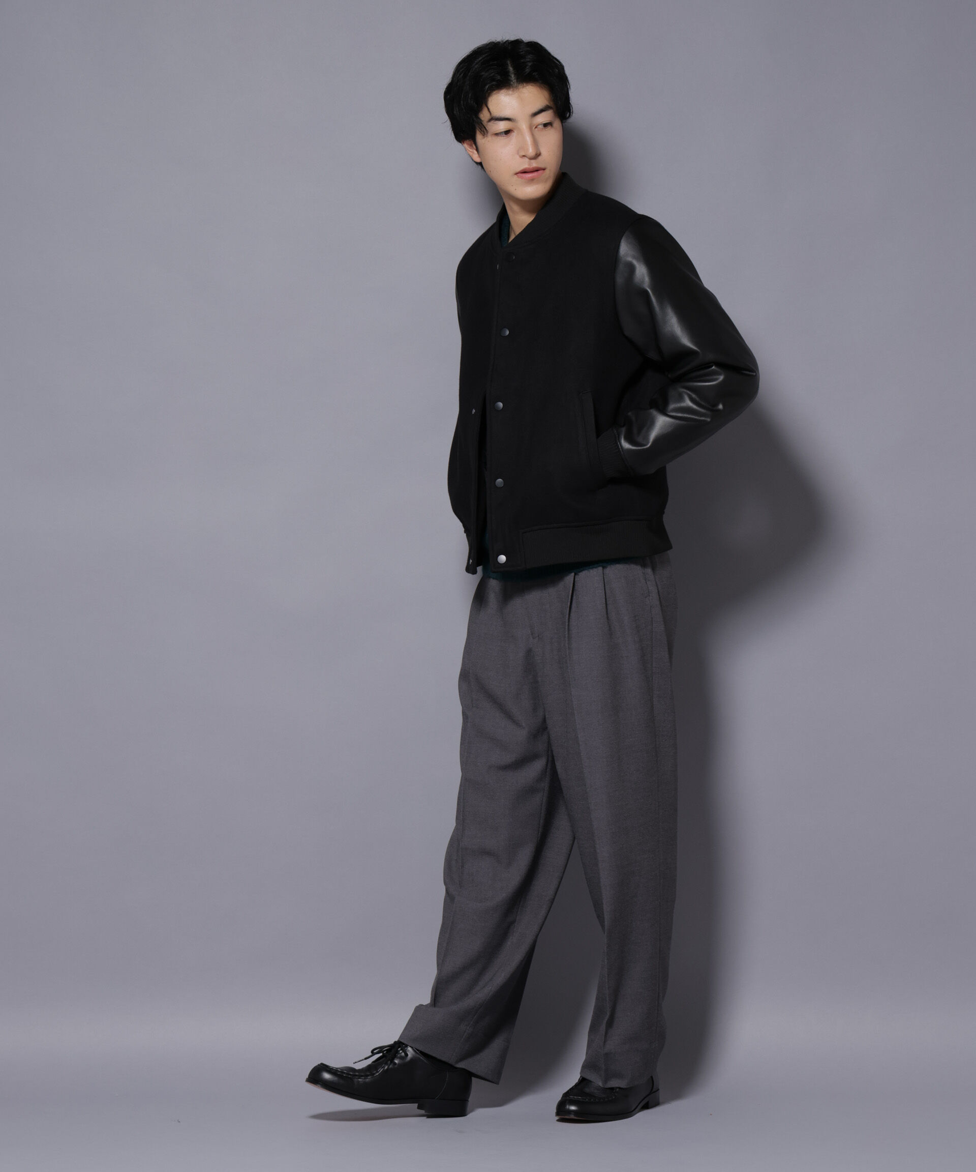 nano･universe「フェイクレザースタジャン」|ブルゾン・スタジャン|