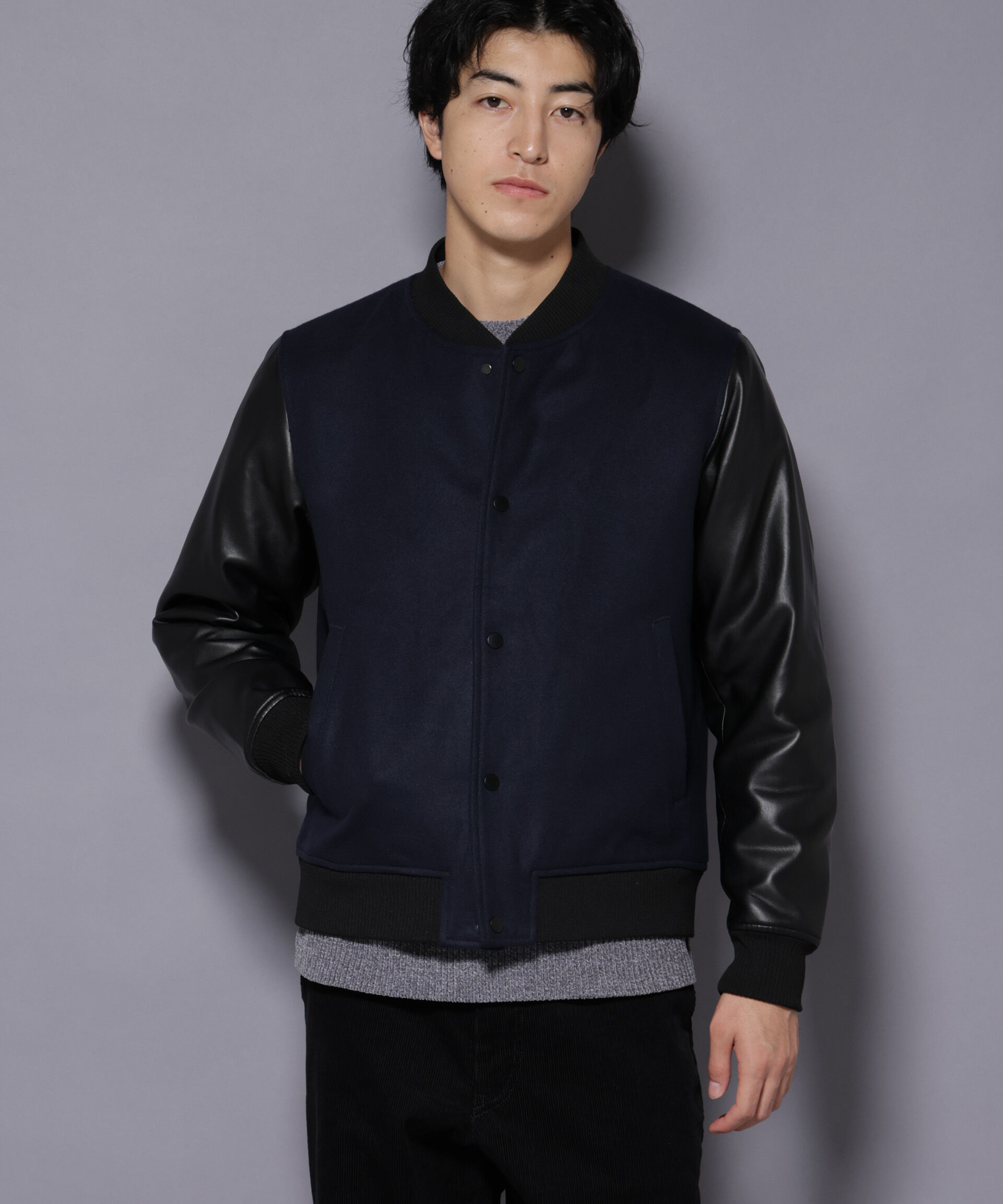 nano･universe「フェイクレザースタジャン」|ブルゾン・スタジャン|