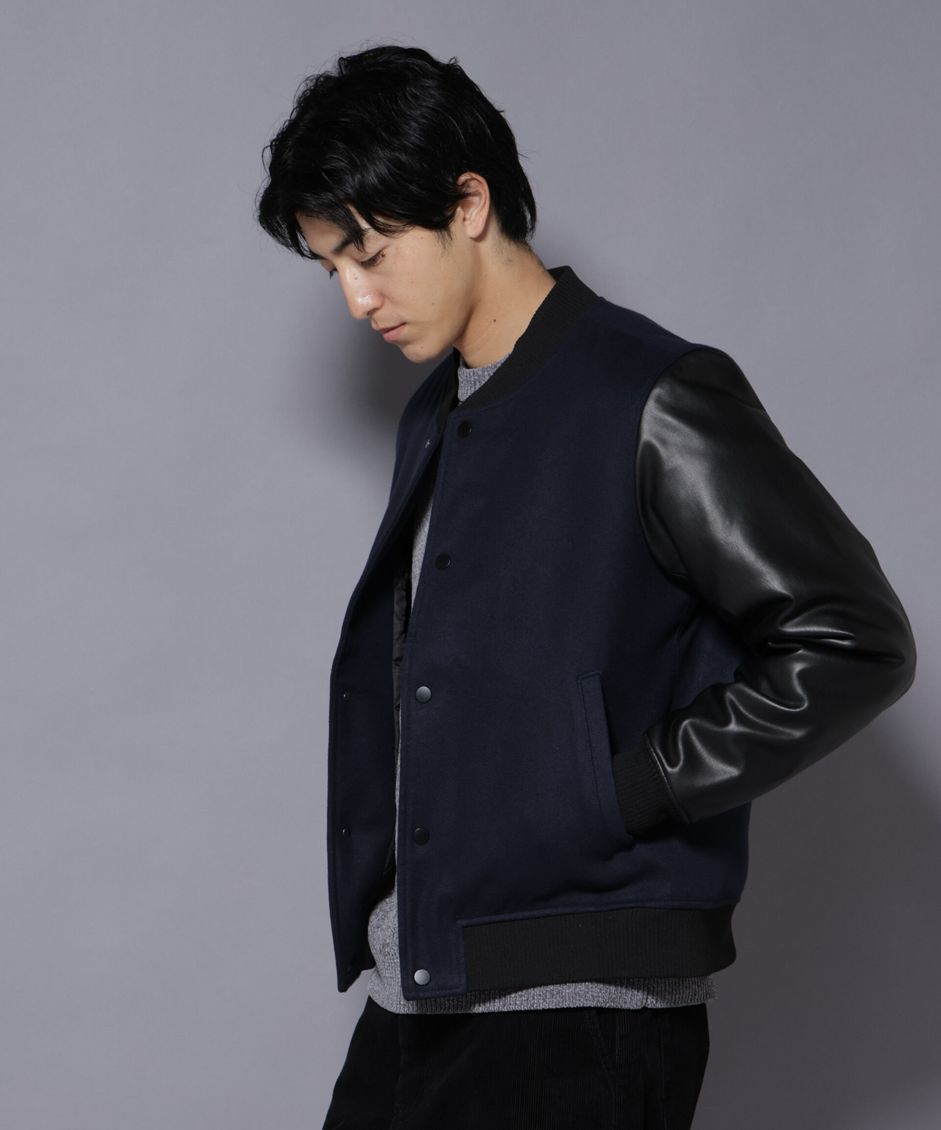 nano･universe「フェイクレザースタジャン」|ブルゾン・スタジャン|