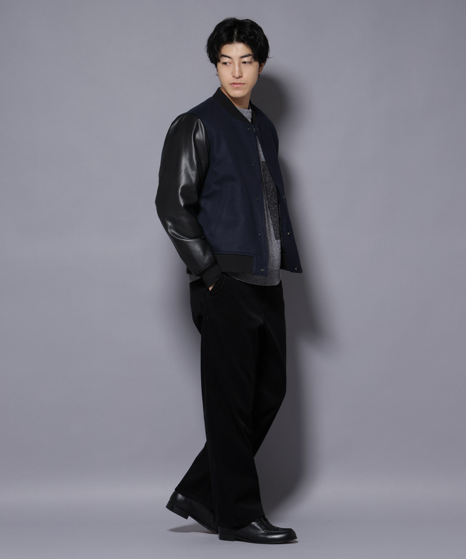 nano･universe「フェイクレザースタジャン」|ブルゾン・スタジャン|