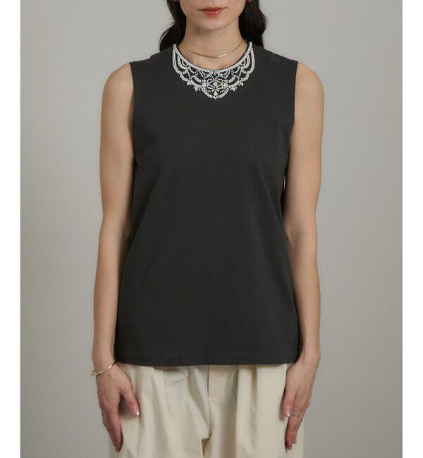 SALON adam et rope'「ビジューエンブロイダリーノースリーブTシャツ」|Tシャツ・カットソー|