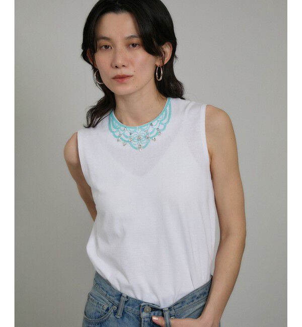 SALON adam et rope'「ビジューエンブロイダリーノースリーブTシャツ」|Tシャツ・カットソー|