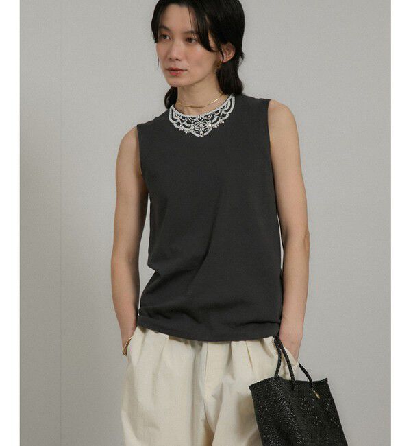 SALON adam et rope'「ビジューエンブロイダリーノースリーブTシャツ」|Tシャツ・カットソー|