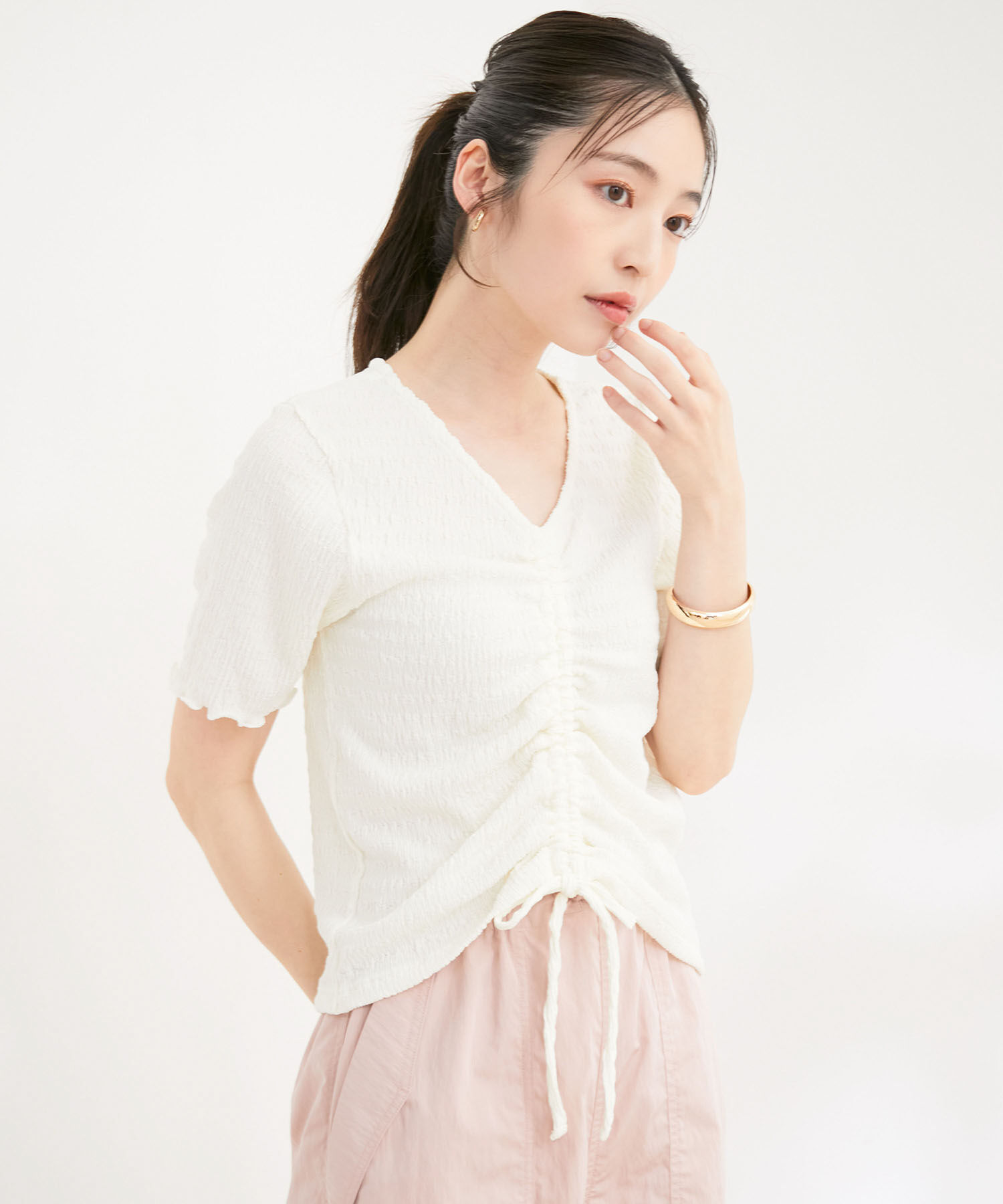 VIS「【洗える】ぽこぽこフロントシャーリングカットソー」|Tシャツ・カットソー|