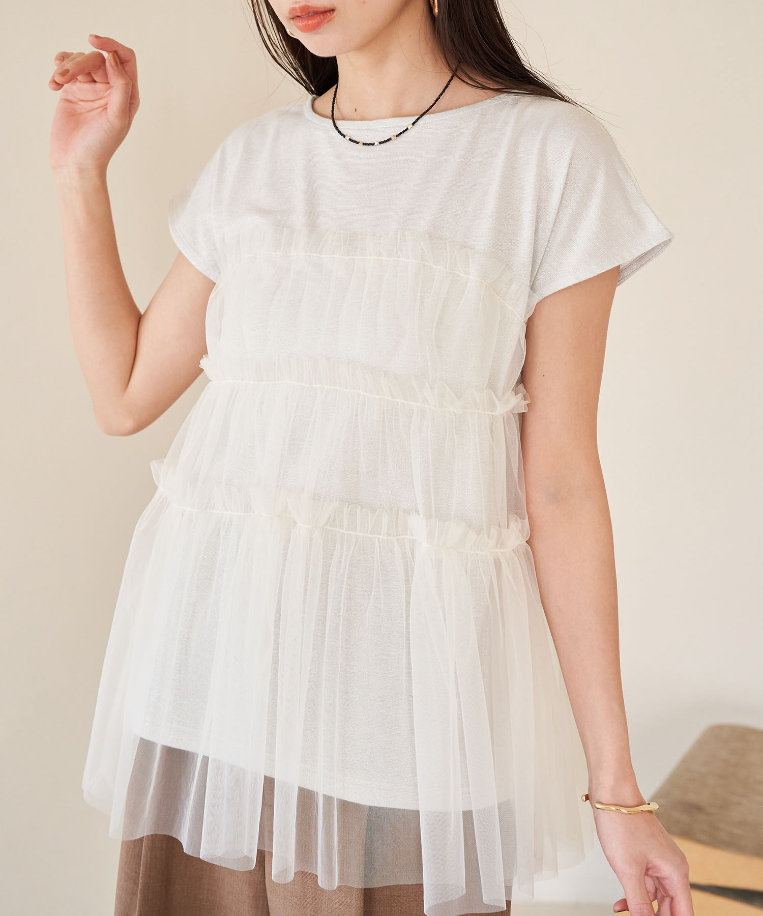 VIS「チュールコンビラメプルオーバー」|Tシャツ・カットソー|ホワイト(10)