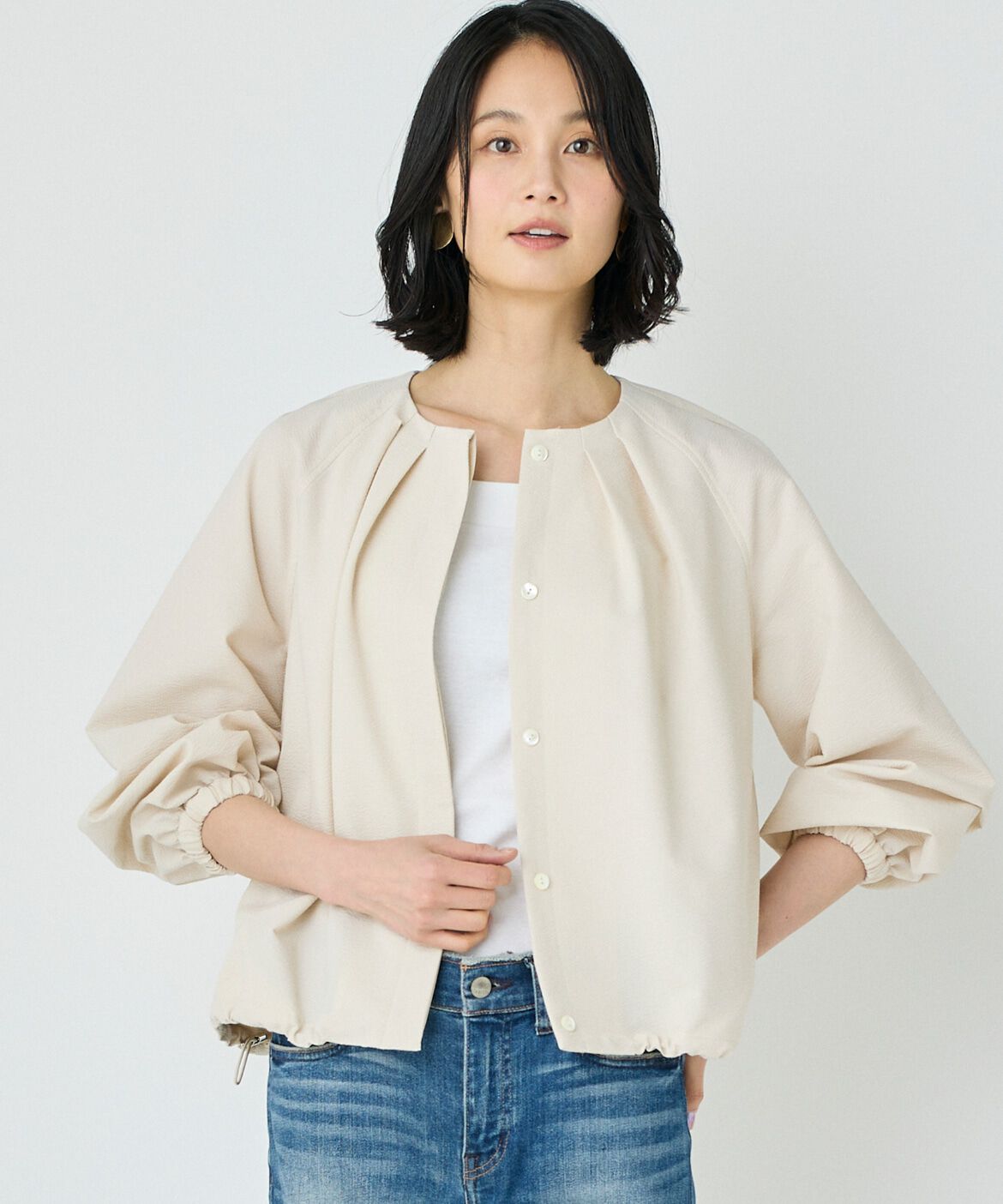 7-IDconcept.「サッカーストレッチブルゾン」|ノーカラージャケット|ベージュ2