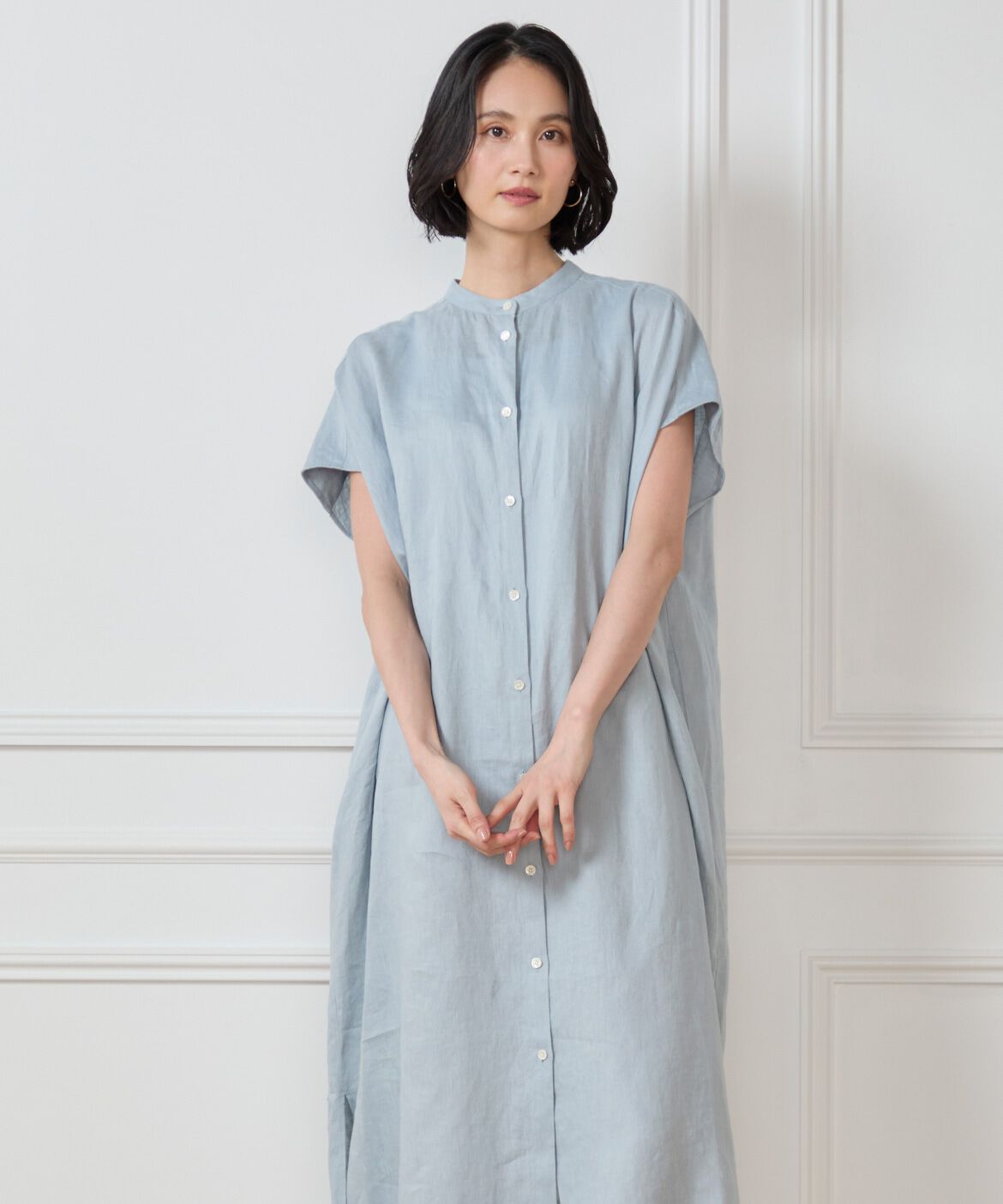 7-IDconcept.「《大きいサイズ》リネンフレンチスリーブシャツワンピース」|ワンピース|サックス3