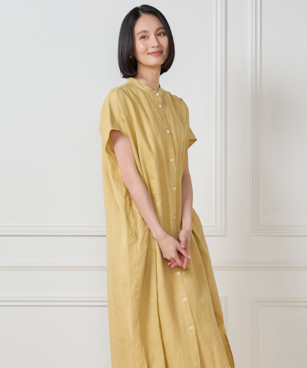 7-IDconcept.「《大きいサイズ》リネンフレンチスリーブシャツワンピース」|ワンピース|イエロー