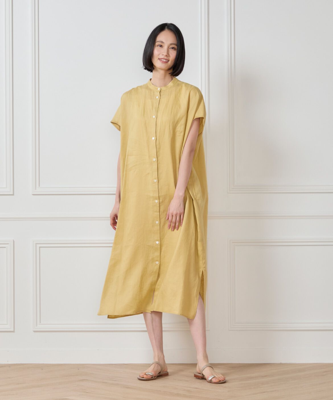 7-IDconcept.「《大きいサイズ》リネンフレンチスリーブシャツワンピース」|ワンピース|