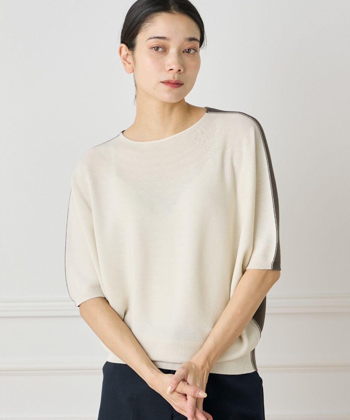 INED「《大きいサイズ》5分袖ドルマンスリーブニット《Cuoo》」|ニット・セーター|カーキ3