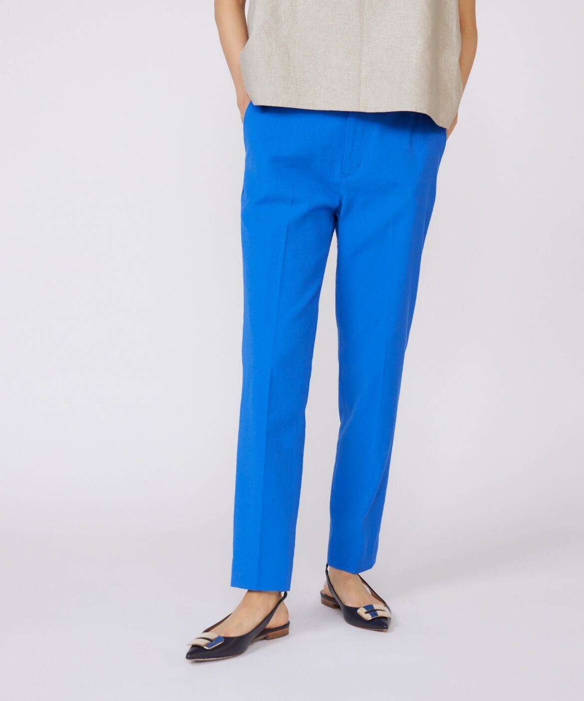 INED「《大きいサイズ》シェルタリングドライ美脚テーパードパンツ」|スラックス|ブルー1
