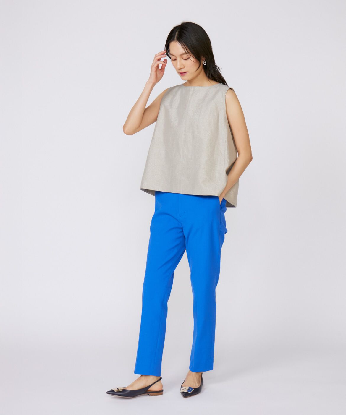 INED「《大きいサイズ》シェルタリングドライ美脚テーパードパンツ」|スラックス|