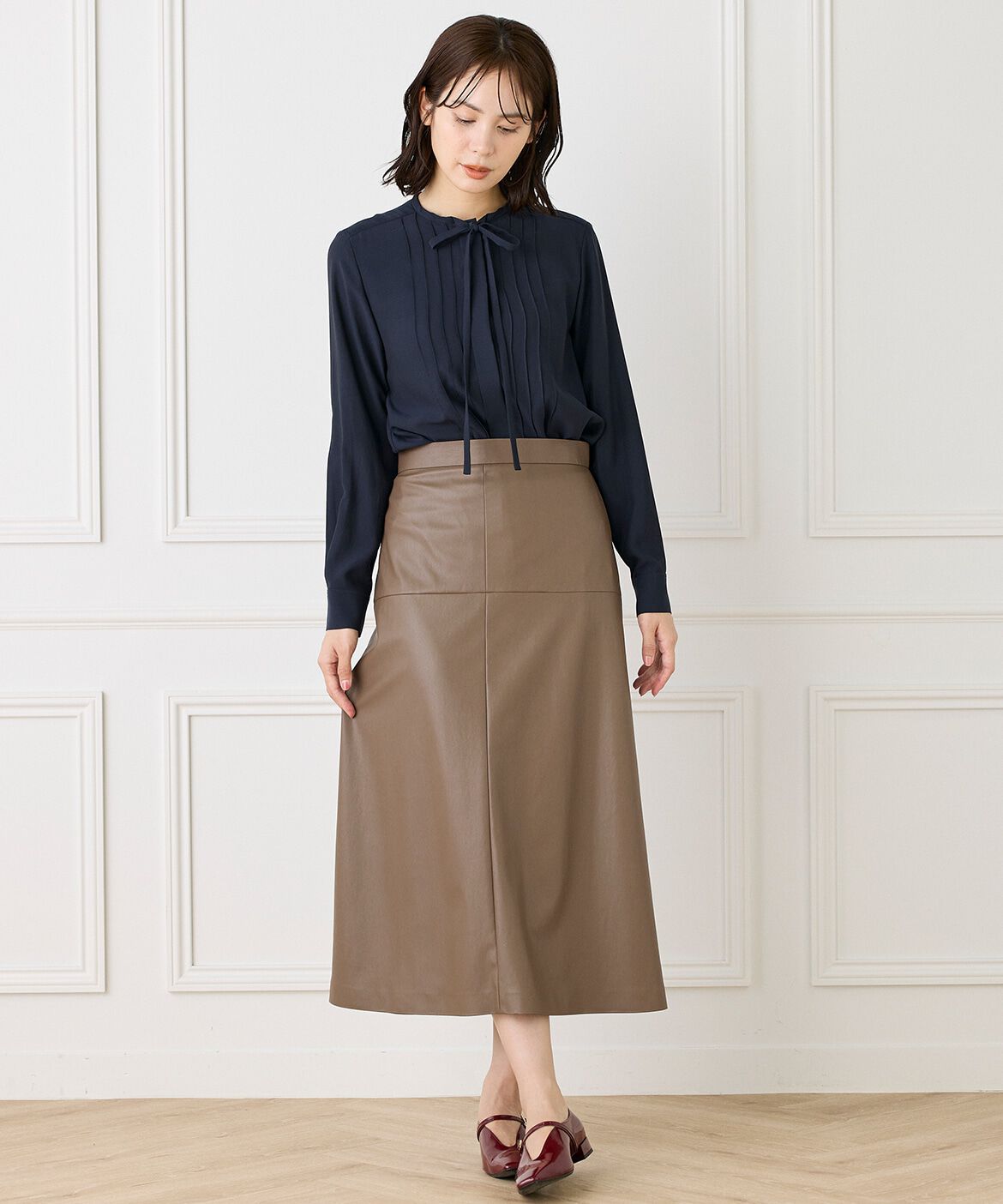 INED「《大きいサイズ》ピンタックボウタイブラウス」|シャツ・ブラウス|