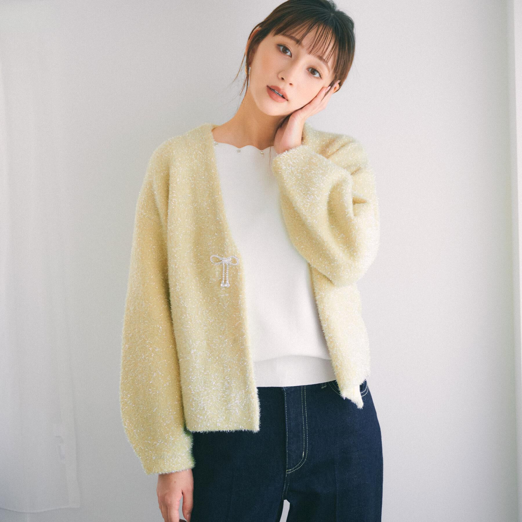 index「リボンブローチフィルムラメフェザーカーディガン【洗濯機OK】」|カーディガン|