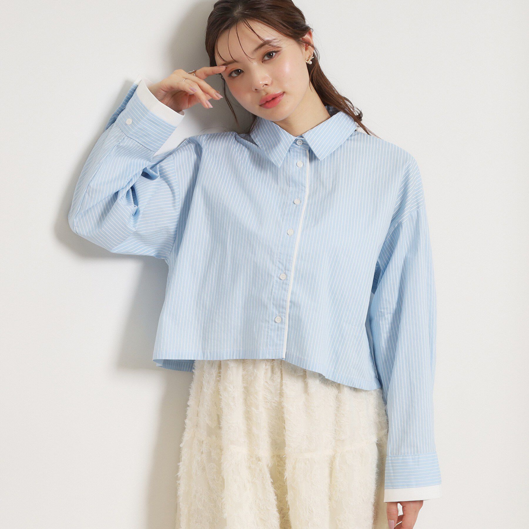 Couture broach「配色ストライプショートシャツ」|シャツ・ブラウス|ブルー(091)