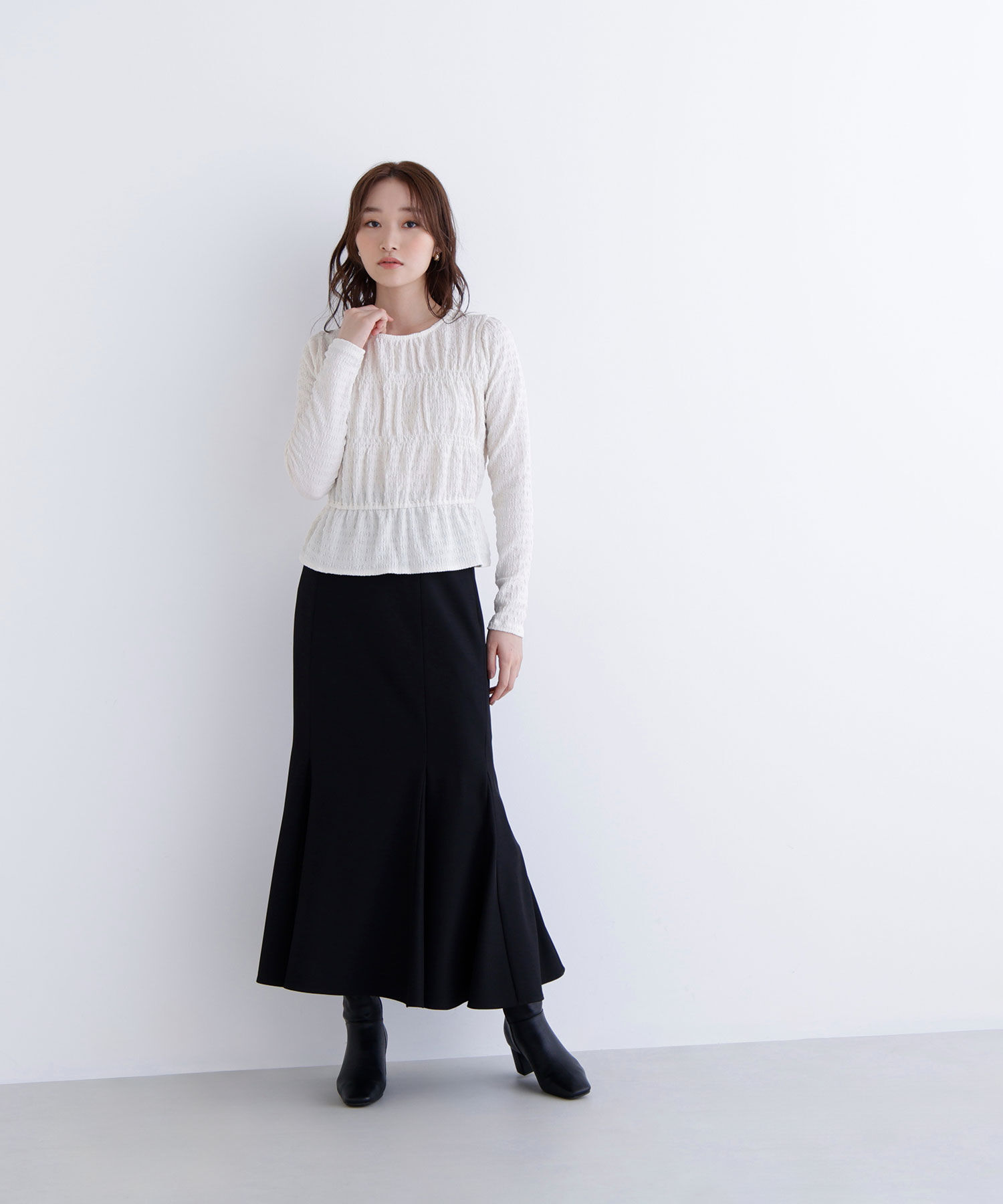  「シャーリングペプラムカットソー長袖」|Tシャツ・カットソー|