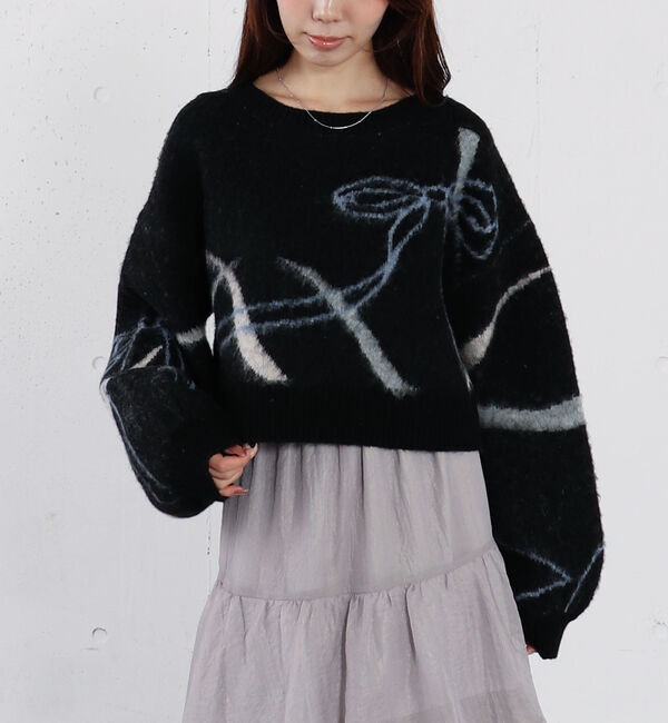 archives「リボンジャガードショートニットプルオーバー」|ニット・セーター|BLACK