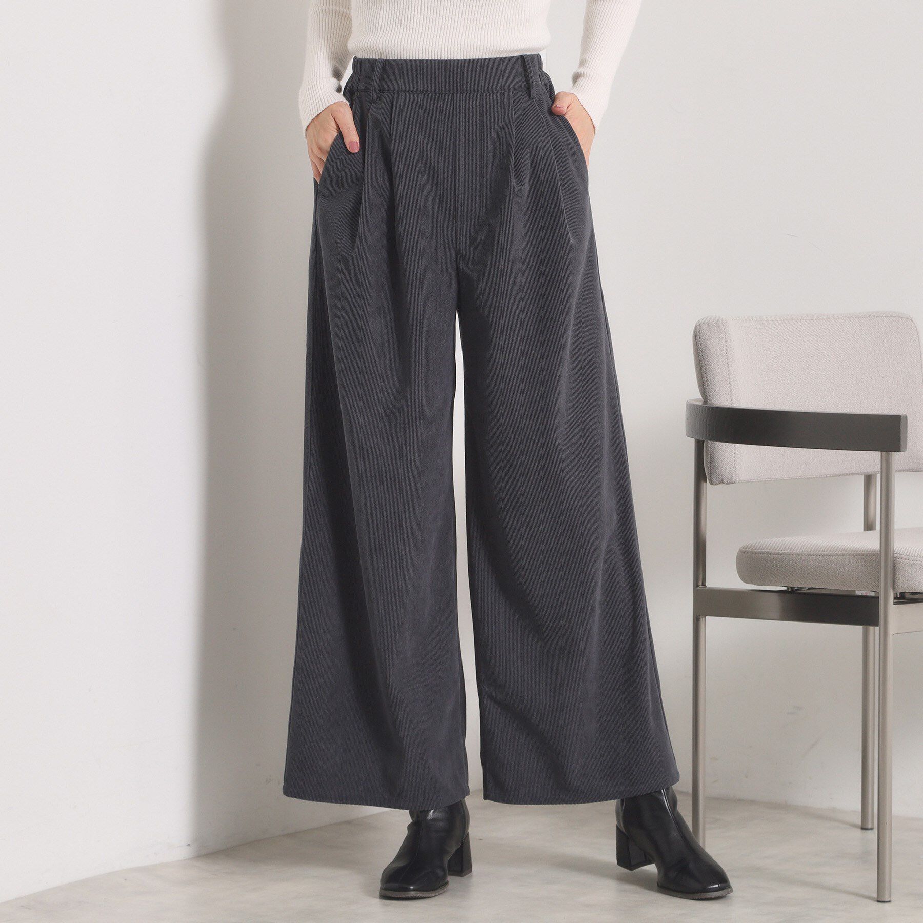 ITS&rsquo;DEMO「【洗濯機OK／ウエストゴム】コーデュロイワイドパンツ」|その他|チャコールグレー(0