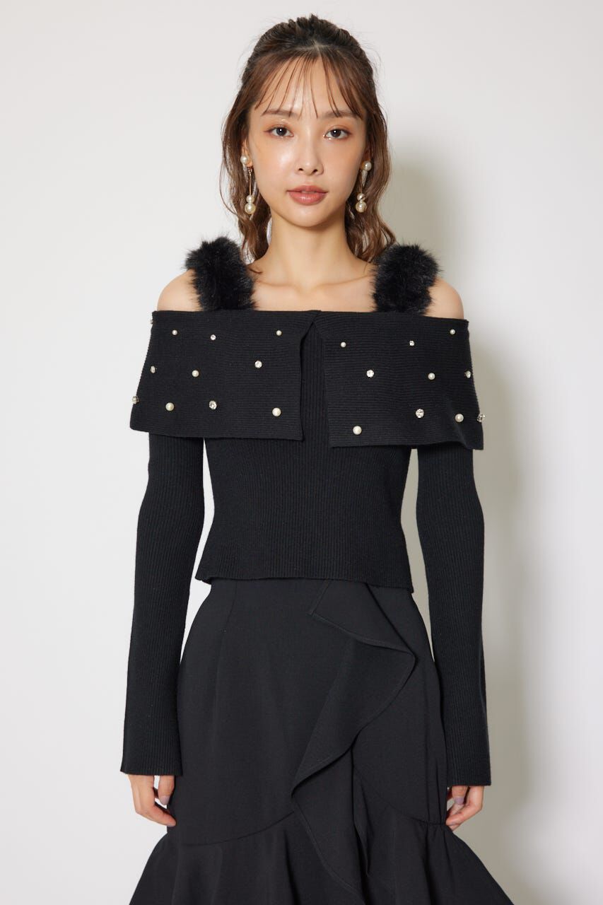 rienda「ショルダーフェイクファービジューニットトップス」|ニット・セーター|