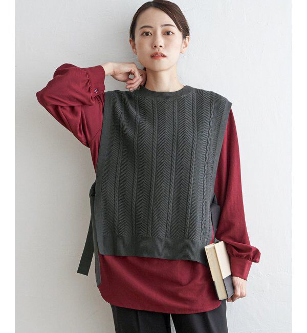 ikka「サイドリボンニットベスト」|ニット・セーター|チャコール