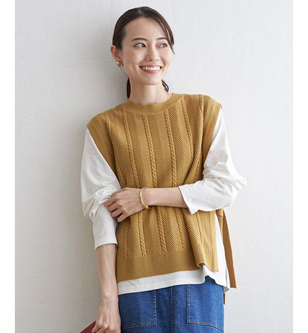 ikka「サイドリボンニットベスト」|ニット・セーター|マスタード