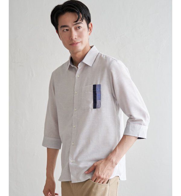 ikka「7分袖リネン混切り替えポケットシャツ」|シャツ・ブラウス|