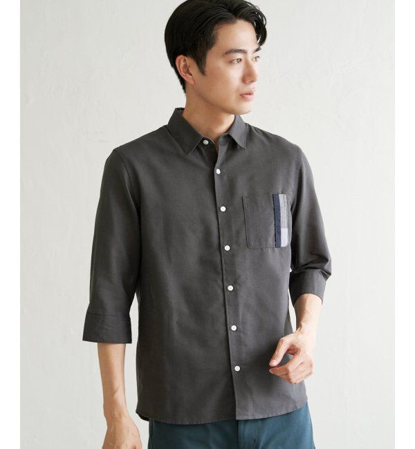 ikka「7分袖リネン混切り替えポケットシャツ」|シャツ・ブラウス|チャコール