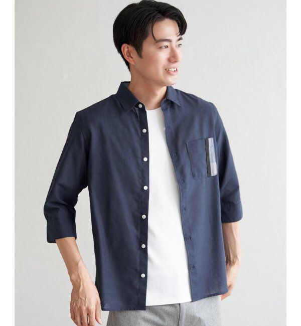 ikka「7分袖リネン混切り替えポケットシャツ」|シャツ・ブラウス|