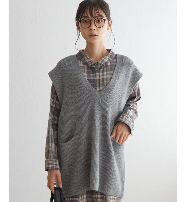 Lbc with Life「ポケ付きニットロングベスト」|ニット・セーター|グレイ