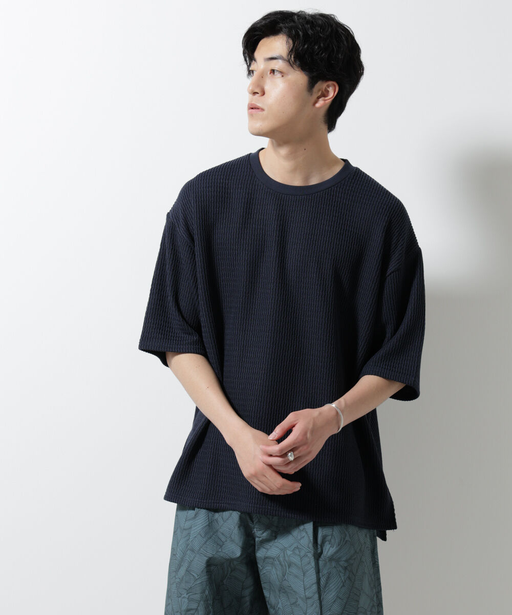 nano･universe「ジャガードニットソーTシャツ 半袖(セットアップ可)」|Tシャツ・カットソー|ネイビー