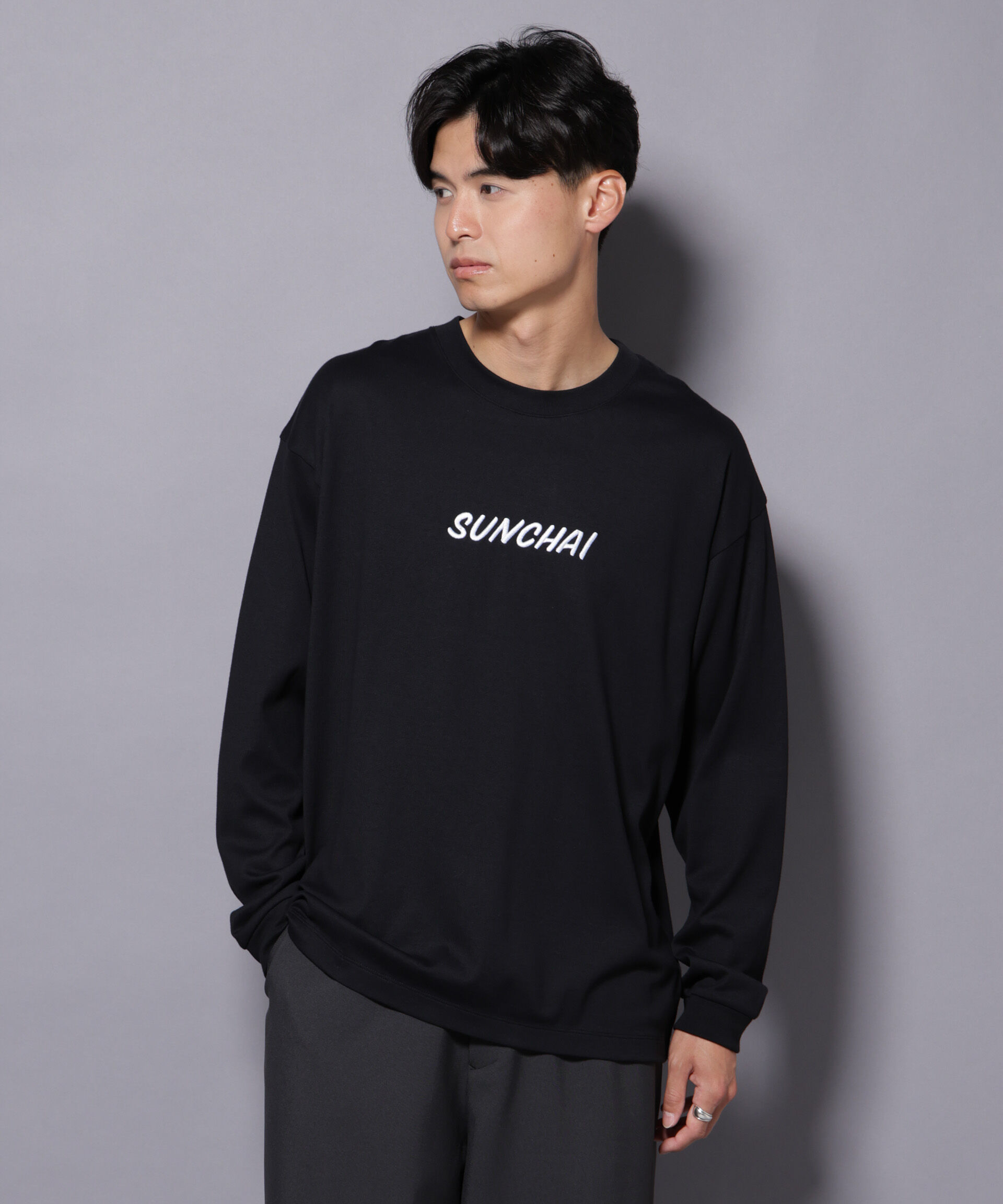 nano･universe「Anti Soaked(R)&times;SUNCHAI ロゴ刺繍 汗染み防止 Tシャツ長袖」|Tシャツ・カットソー|ブラック