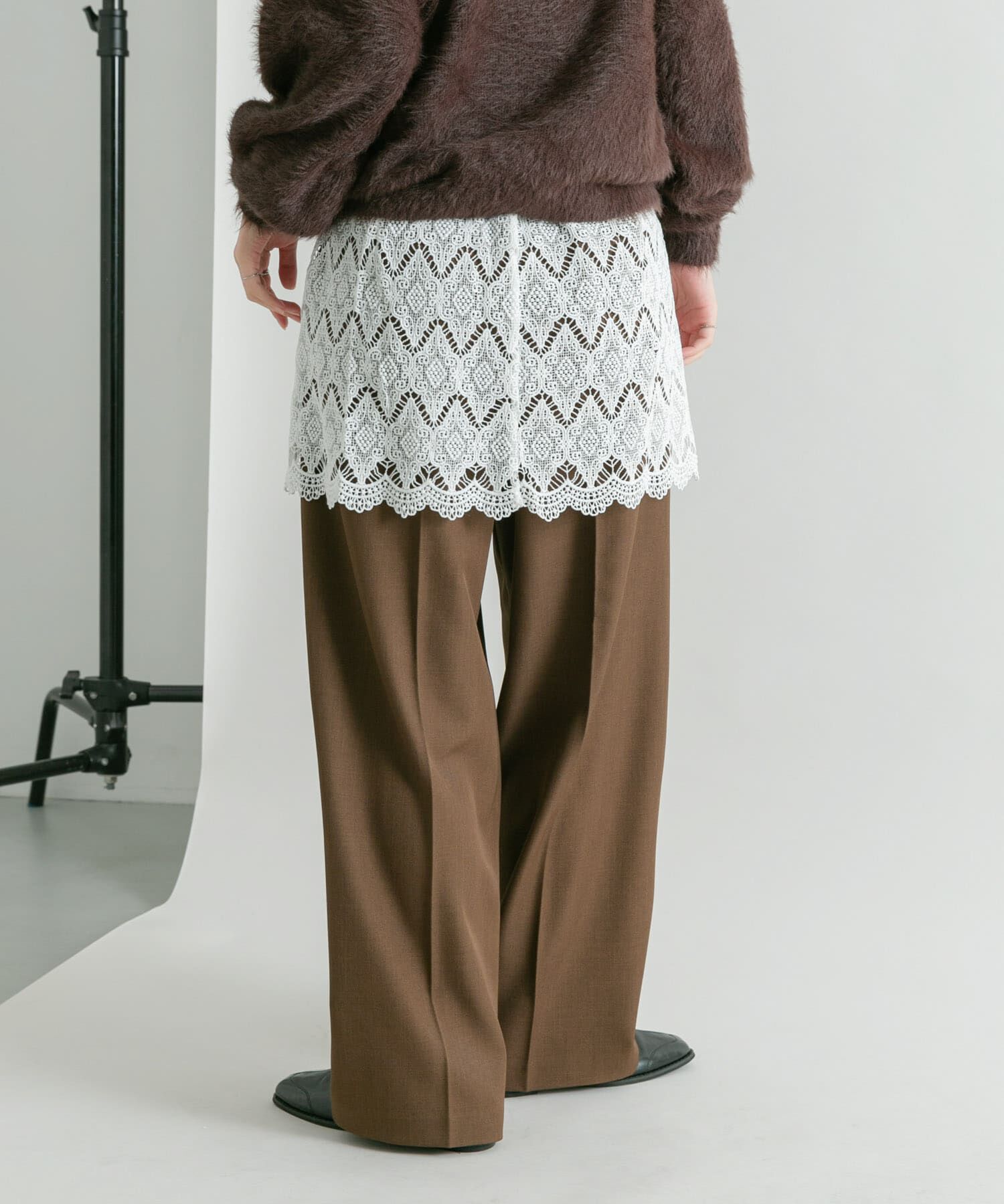  「レースレイヤードパンツ」|その他|ブラウン