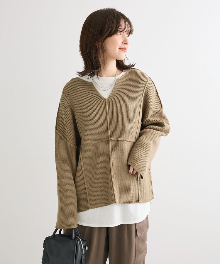Green Parks「リブ切替Vネックニットプルオーバー」|ニット・セーター|Khaki