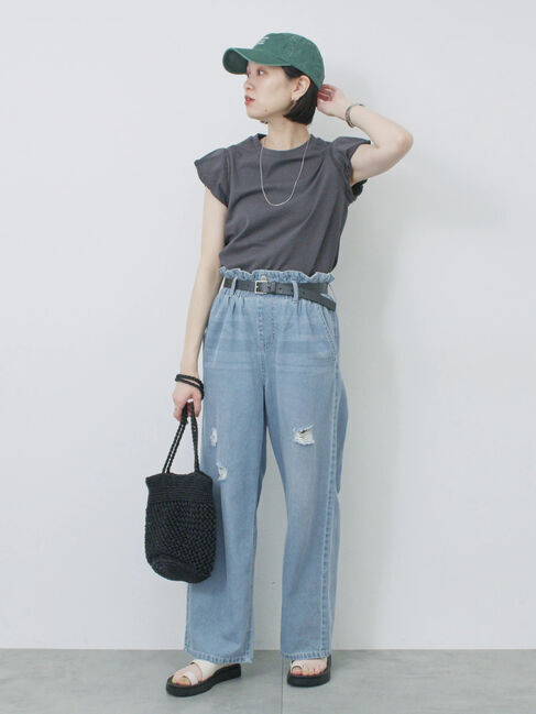 Samansa Mos2 blue「ハシゴレース付きフレンチTシャツ」|Tシャツ・カットソー|